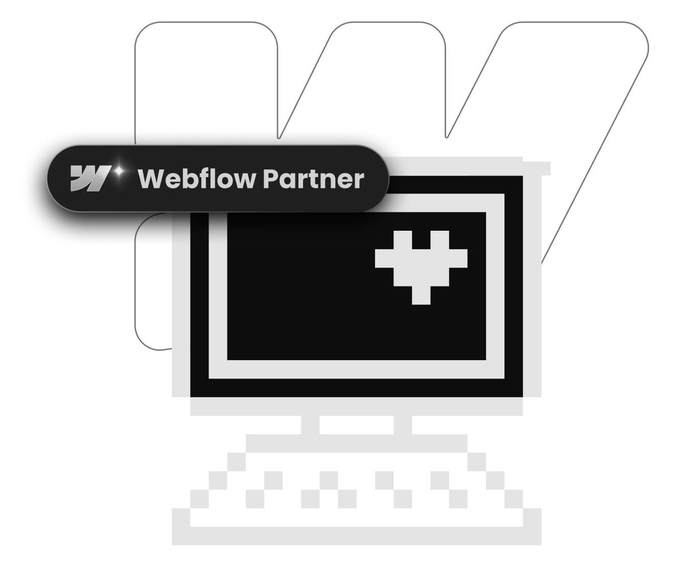 Pixel-art Webflow Partner monitor with animated code